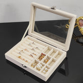 9 Grids Portable Flannel Jewelry Box with Glass Transparent Jewelry