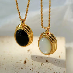 18K Gold Plated Oval Mother Pearl/ Gemstone Necklace