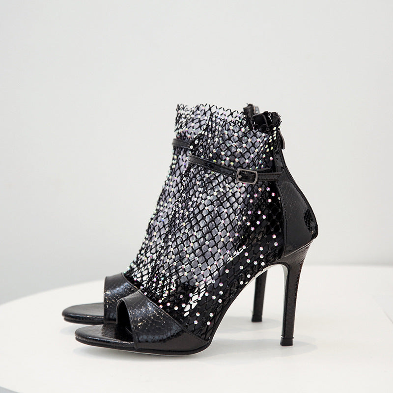 Shinny Diamond Studs Toe Fishnet Highheels Fashion Party Shoes