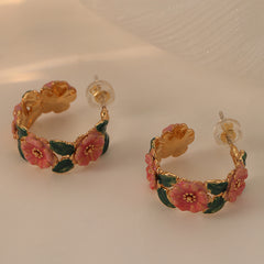 Enamel Glaze Pink Camellia Hoop Earrings in 18K Gold Plated
