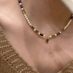 Cross Pearl Charm Beaded Choker Necklace