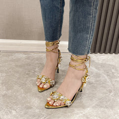 Gold Sparkling Lace Up Highheels Fashion Shoes