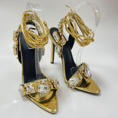 Gold Sparkling Lace Up Highheels Fashion Shoes