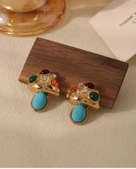 Turquoise Cubic Zirconia Mashroom Studs Earrings 18K Gold Plated