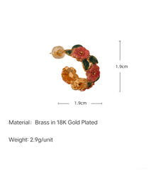 Enamel Glaze Pink Camellia Hoop Earrings in 18K Gold Plated