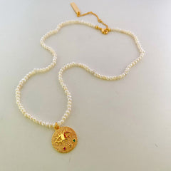 18k Gold Plated Evil Eye Freshwater Rice Pearl Necklace