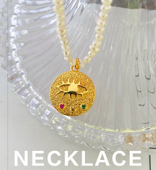 18k Gold Plated Evil Eye Freshwater Rice Pearl Necklace