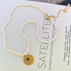 18k Gold Plated Evil Eye Freshwater Rice Pearl Necklace