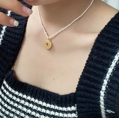 18k Gold Plated Evil Eye Freshwater Rice Pearl Necklace