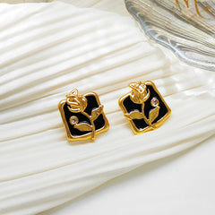 Black Rose Square Shaped Stud Earrings