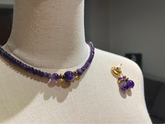 Handmade Nature Amethyst BeadNecklace/ Earrings 24ct Gold Plated
