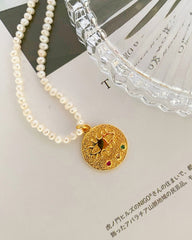 18k Gold Plated Evil Eye Freshwater Rice Pearl Necklace